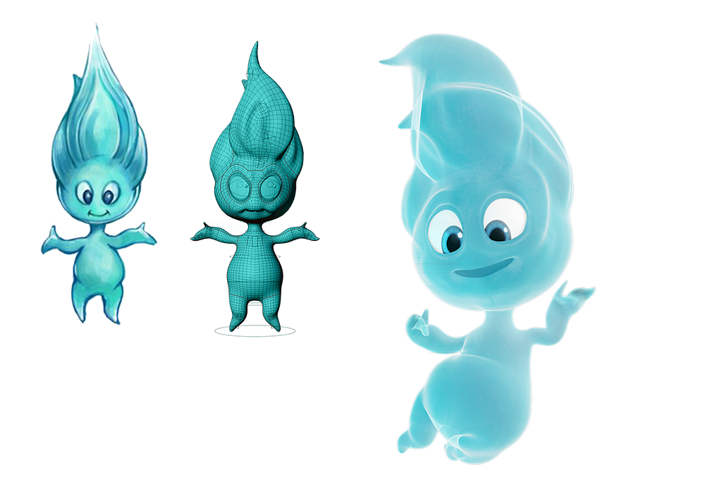 Lüttje in three stages: concept sketch, 3D wireframe, and finished render