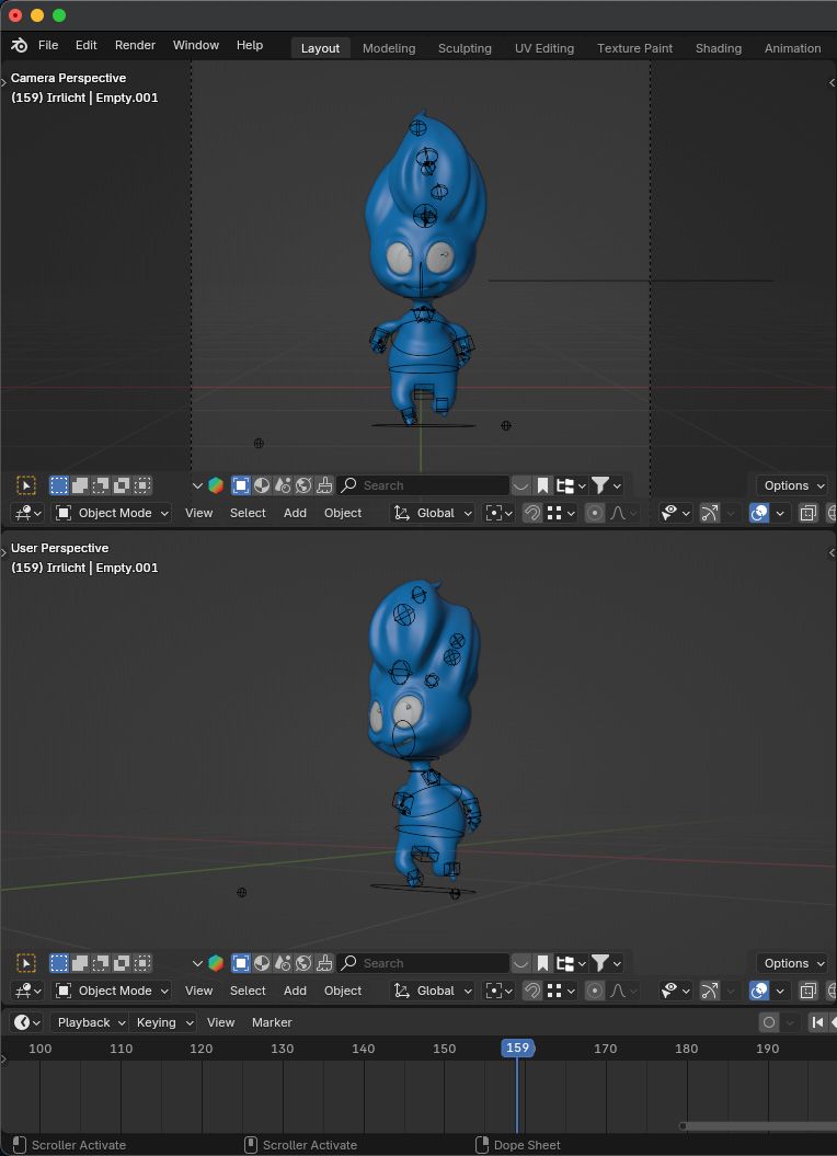 3D model of Lüttje in progress, two viewport views