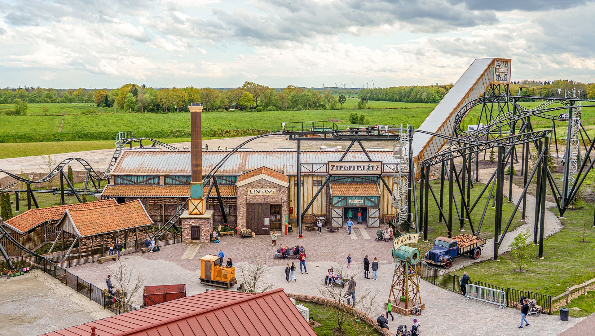 Aerial view of Lüttjes Moor with the Ziegelblitz bobsled coaster at Jaderpark